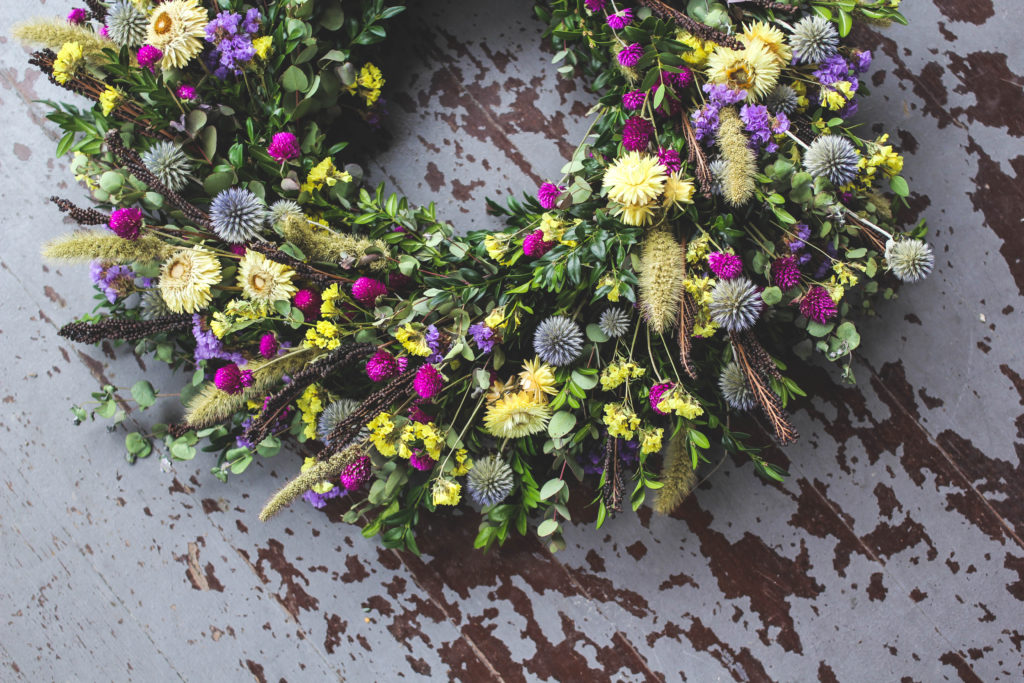 Emma Frisch Finnish Beautiful flower wreath for the holiday with wild and cultivated flowers