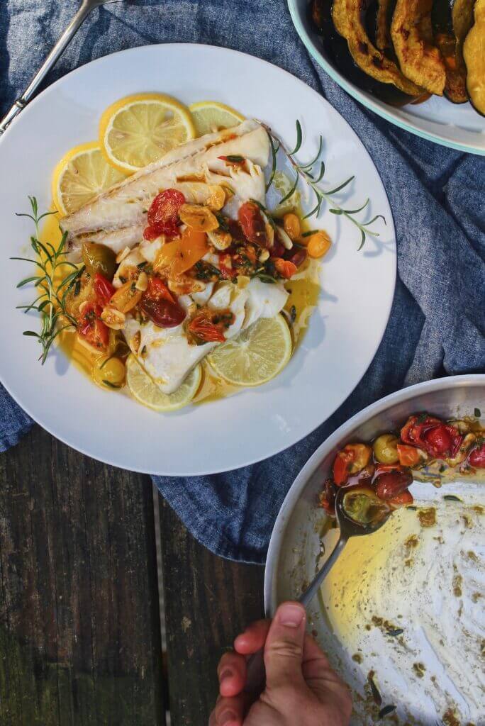 Emma Frisch Baked Alaskan Black Cod with Braised Tomatoes Recipe