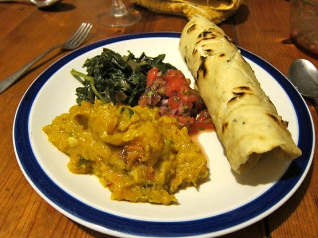 Emma Frisch Jamaican Reggae Feast: Pumpkin Curry, Garlic Callaloo and Watermelon Salsa with Roti Recipe